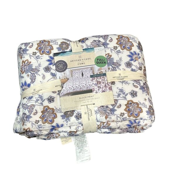 Artisan De Luxe Full Queen Cotton Quilt Block Print Floral Cottage Shabby Chic